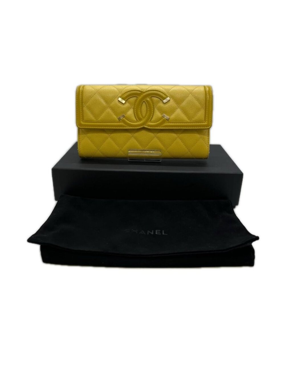 Chanel Wallet Caviar Leather Filigree Coin Purse Dirty Corner Yellow